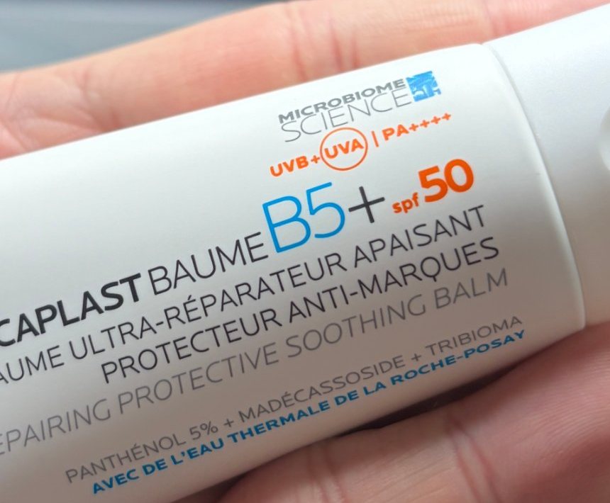 Close view of the front label: a circled UVA mark, UVB plus UVA, PA++++, SPF 50, and panthenol 5 per cent with madecassoside